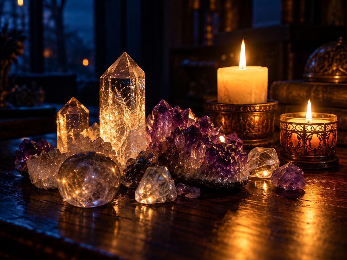 Crystals and candles on the consultation table