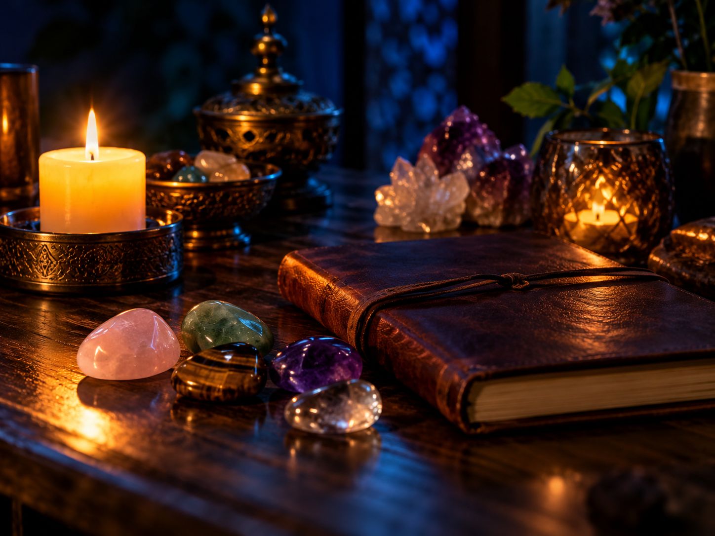 Polished stones and a notebook by candlelight