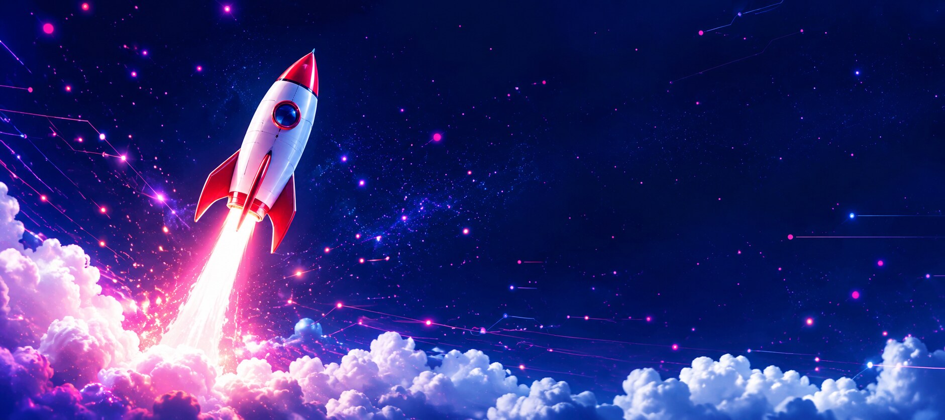Rocket taking off against a midnight-blue background